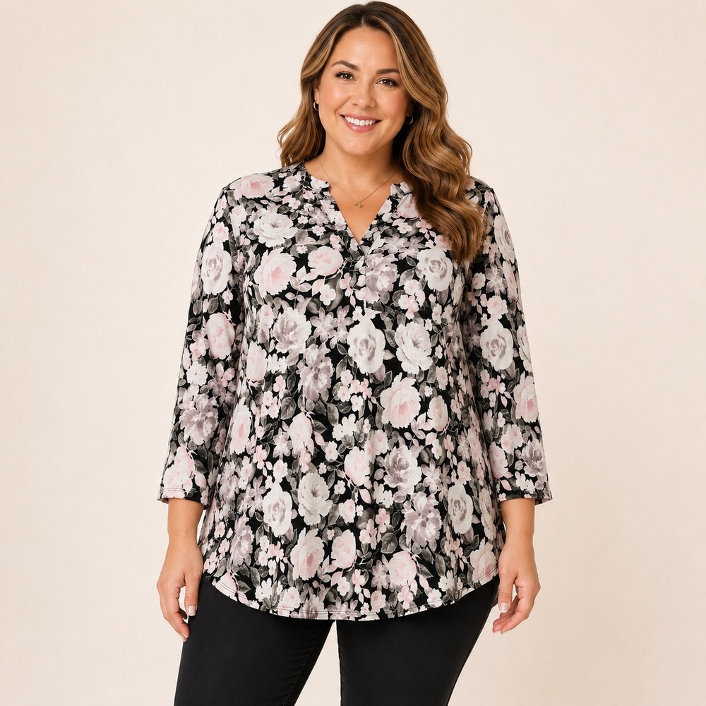 Mint Pineapple Boutique Floral Rose Tunic Top 2X Black Pink 3/4 Sleeve Blouse